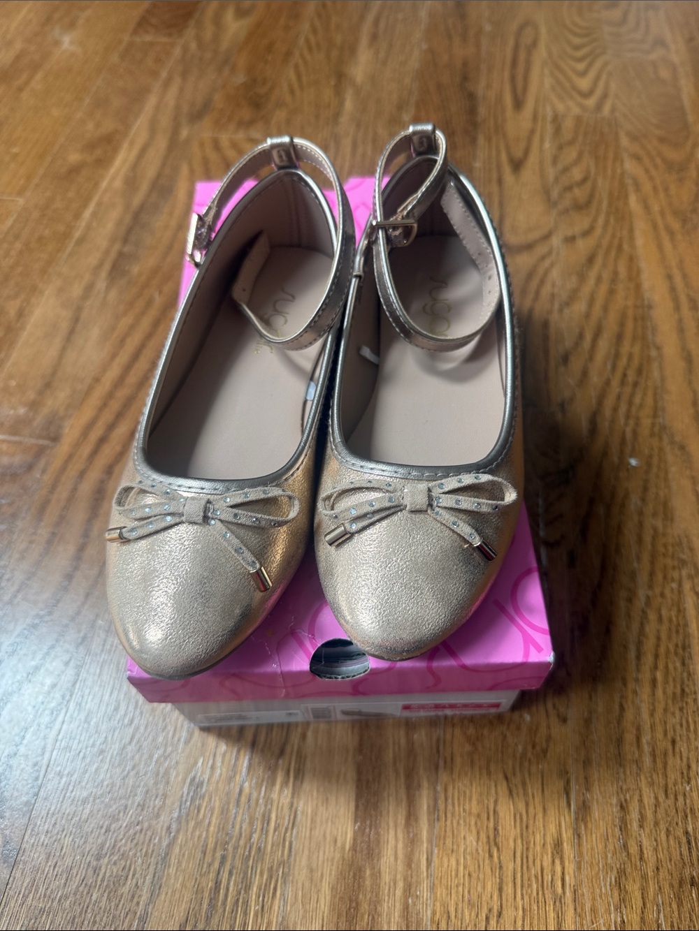 Sugar Champagne Gold Metallic Ankle-Strap Ballet Flats with Bow